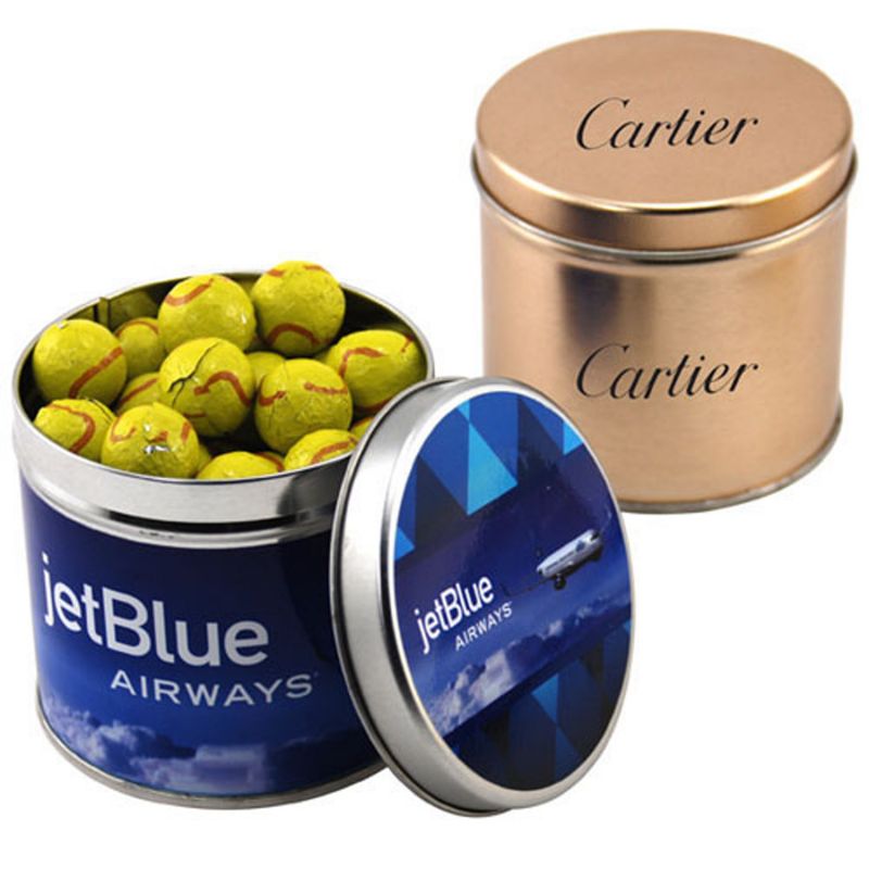 Round Tin with Chocolate Tennis Balls Promotional Round Tin with Chocolate Tennis Balls